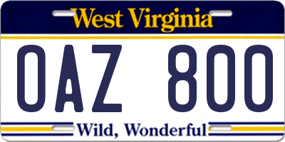 WV license plate OAZ800