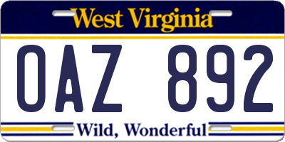 WV license plate OAZ892