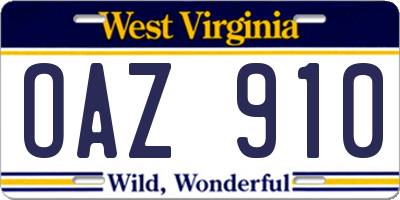WV license plate OAZ910