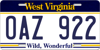 WV license plate OAZ922