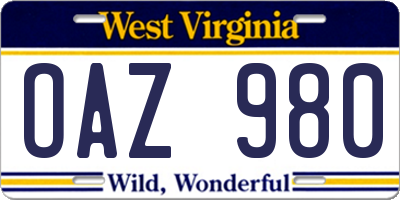 WV license plate OAZ980