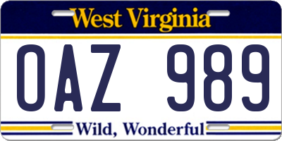 WV license plate OAZ989