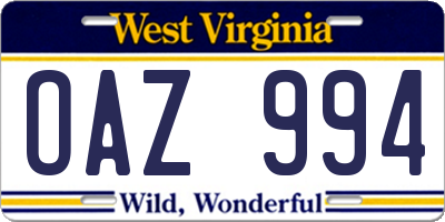 WV license plate OAZ994