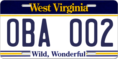 WV license plate OBA002