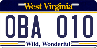 WV license plate OBA010