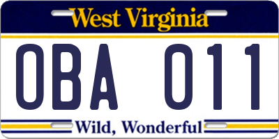 WV license plate OBA011