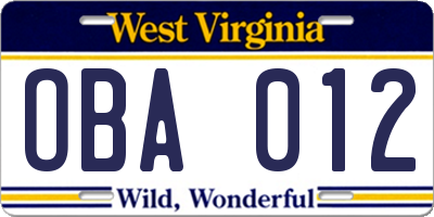 WV license plate OBA012
