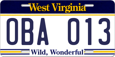 WV license plate OBA013