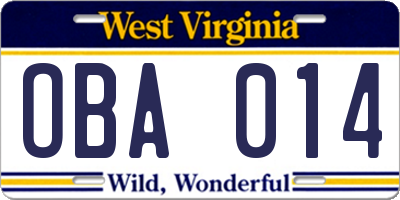 WV license plate OBA014