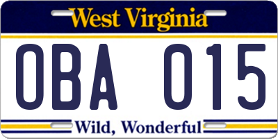 WV license plate OBA015