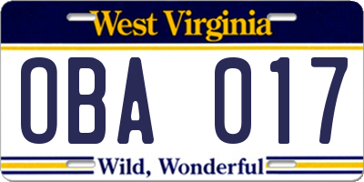 WV license plate OBA017