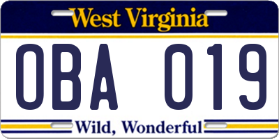 WV license plate OBA019