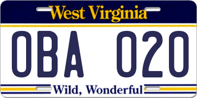 WV license plate OBA020
