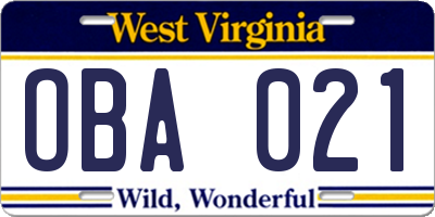 WV license plate OBA021