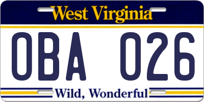 WV license plate OBA026