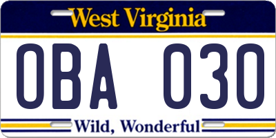 WV license plate OBA030