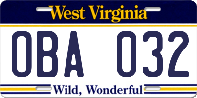 WV license plate OBA032