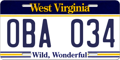 WV license plate OBA034