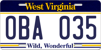 WV license plate OBA035