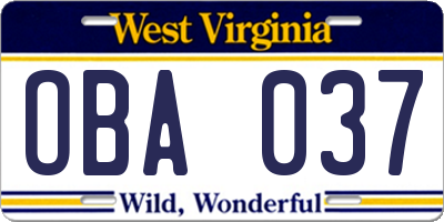WV license plate OBA037
