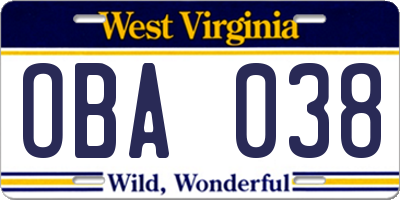 WV license plate OBA038
