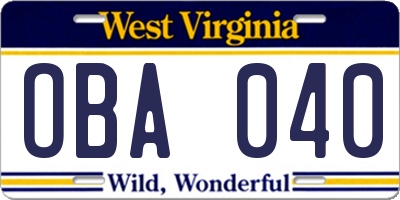 WV license plate OBA040