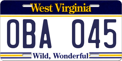 WV license plate OBA045