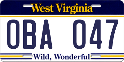 WV license plate OBA047