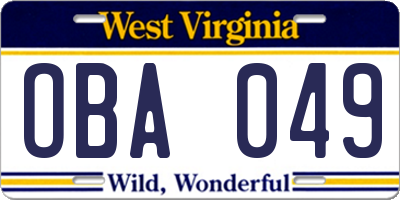 WV license plate OBA049