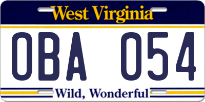 WV license plate OBA054