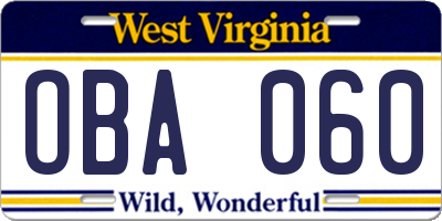 WV license plate OBA060