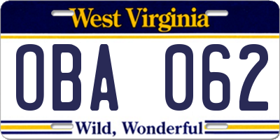 WV license plate OBA062