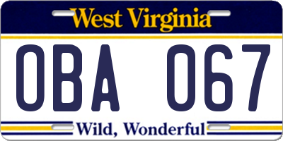 WV license plate OBA067