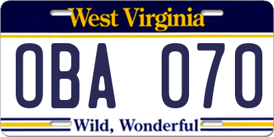 WV license plate OBA070