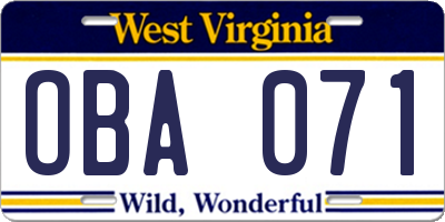 WV license plate OBA071