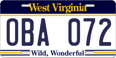 WV license plate OBA072