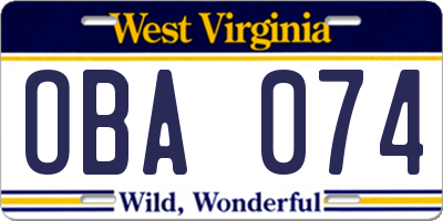 WV license plate OBA074