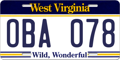 WV license plate OBA078