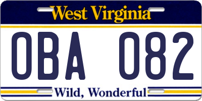 WV license plate OBA082