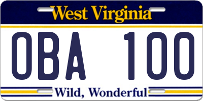 WV license plate OBA100