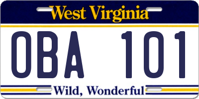 WV license plate OBA101