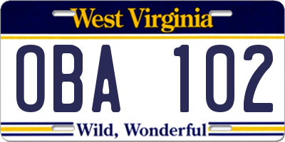 WV license plate OBA102