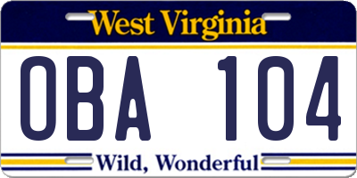 WV license plate OBA104
