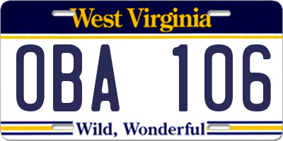 WV license plate OBA106