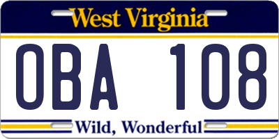 WV license plate OBA108