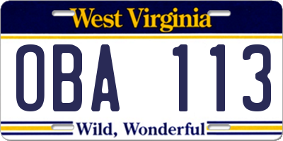 WV license plate OBA113