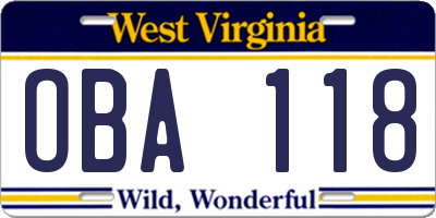 WV license plate OBA118