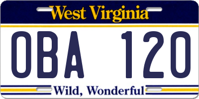 WV license plate OBA120