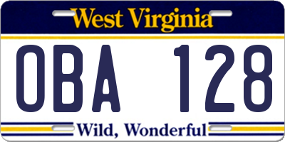 WV license plate OBA128
