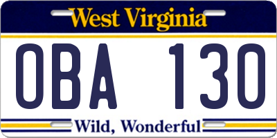 WV license plate OBA130